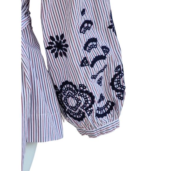 J.Crew Red Blue Striped Embroidered Wrap Tunic Blouse S Preppy Coastal Work Top - Picture 5 of 7